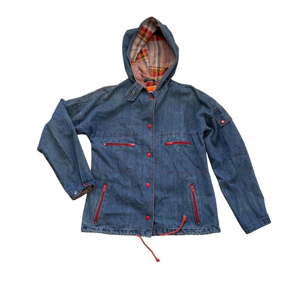 Vintage S.B.S Denim Hooded woman's Jacket With Plaid Lining & Red Accents - Picture 1 of 9